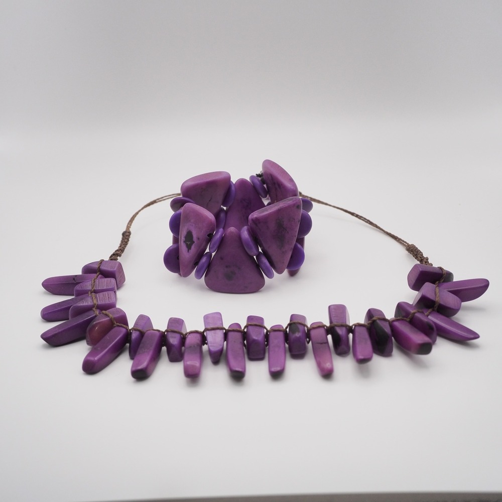 Artisan Necklace Strech Bracelet Set Purple Slab Stone Bead Knotted Cord Chunky